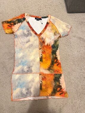 Desigual Multicolor V-Neck Patchwork Top in Orange, Yellow & Blue